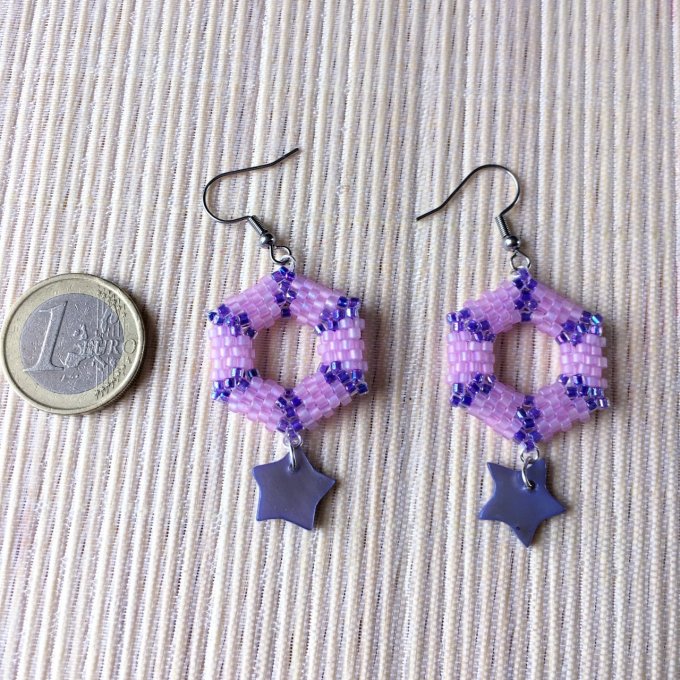 Boucles d'oreilles hexagone rose & violet, tissage Miyuki