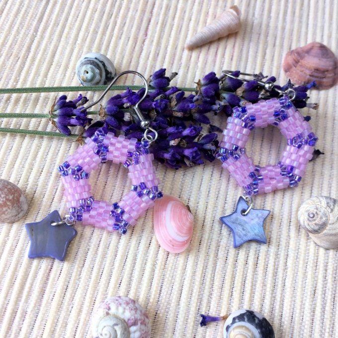 Boucles d'oreilles hexagone rose & violet, tissage Miyuki
