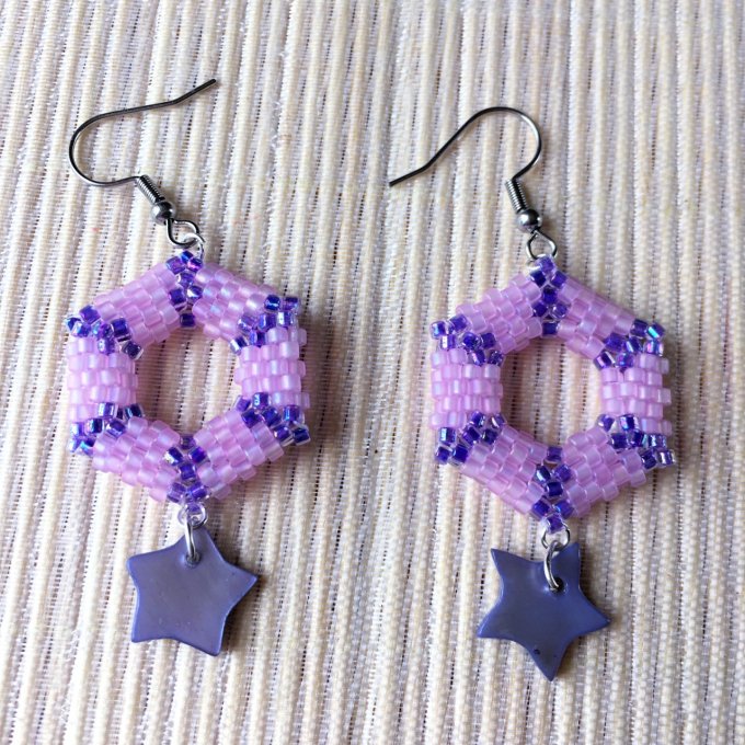 Boucles d'oreilles hexagone rose & violet, tissage Miyuki
