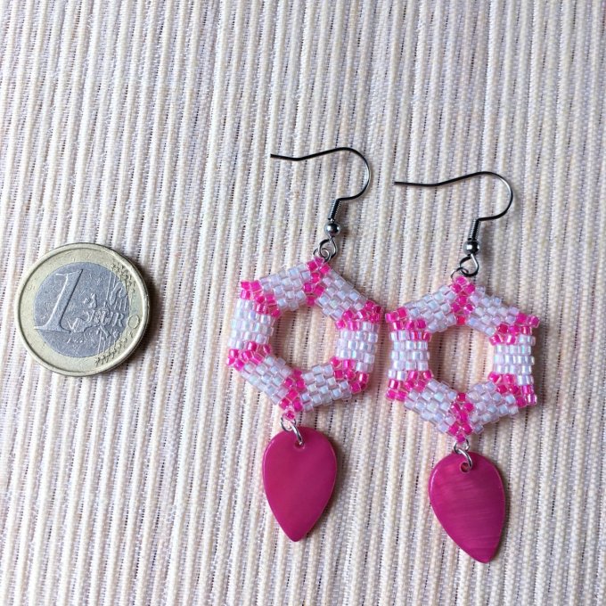 Boucles d'oreilles hexagone blanc & rose, tissage Miyuki