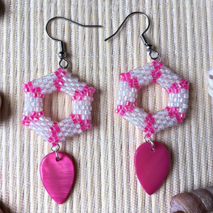 Boucles d'oreilles hexagone blanc & rose, tissage Miyuki