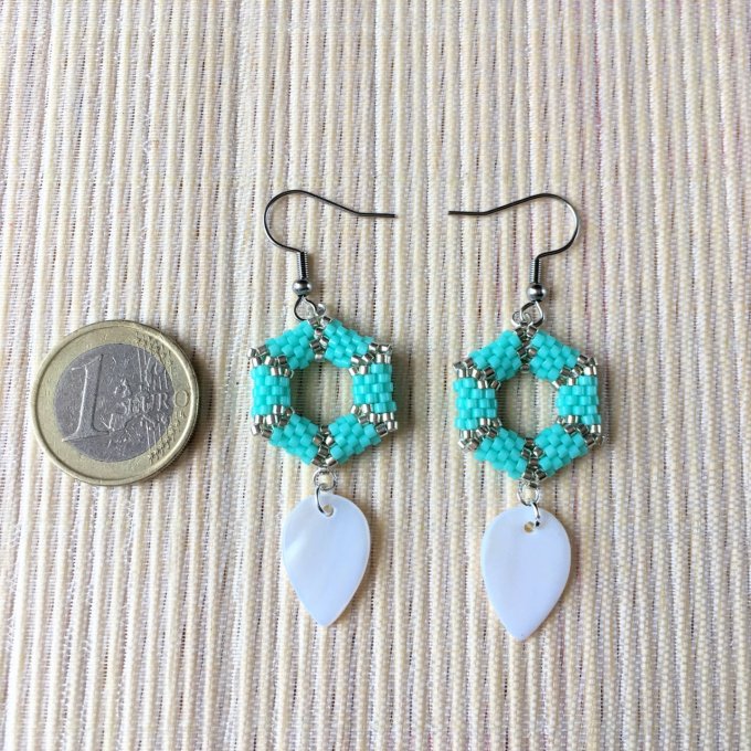 Boucles d'oreilles hexagone Turquoise & Argenté, tissage Miyuki