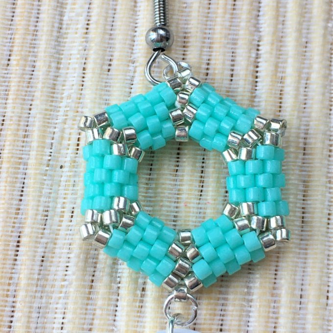 Boucles d'oreilles hexagone Turquoise & Argenté, tissage Miyuki