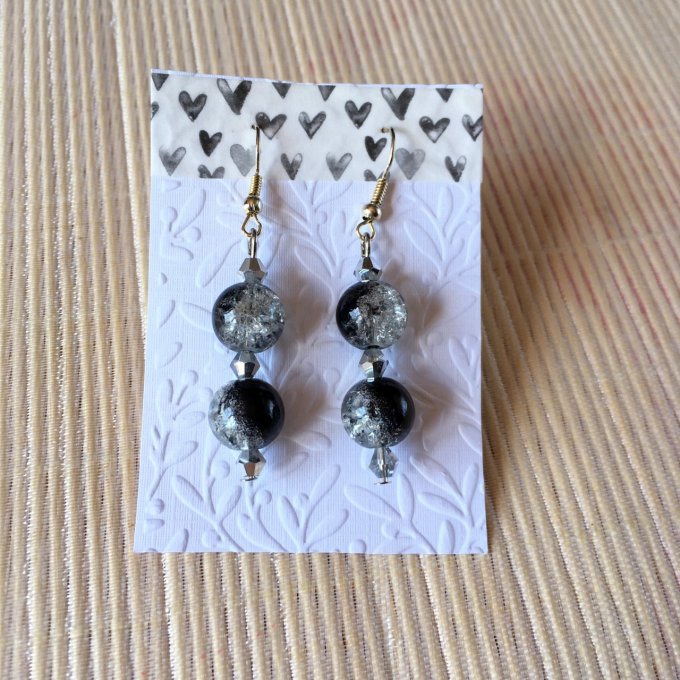 Boucles d'oreilles pendantes, à perles craquelées, noir et argenté