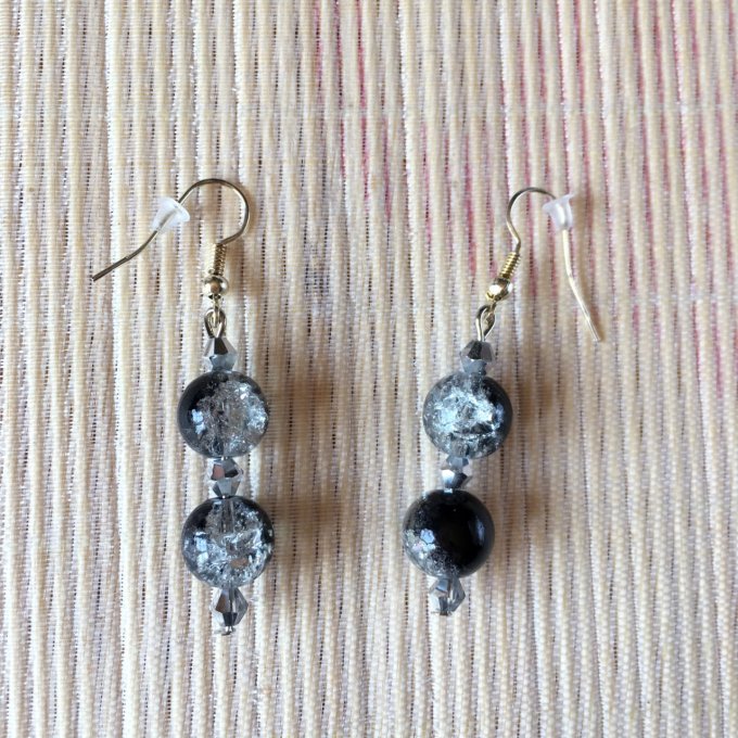 Boucles d'oreilles pendantes, à perles craquelées, noir et argenté