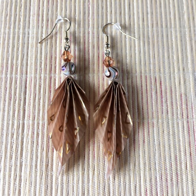 Boucles d'oreilles origami papier calque, marron et or