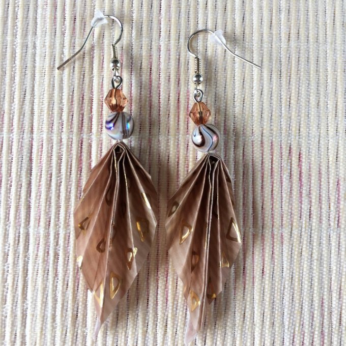 Boucles d'oreilles origami papier calque, marron et or