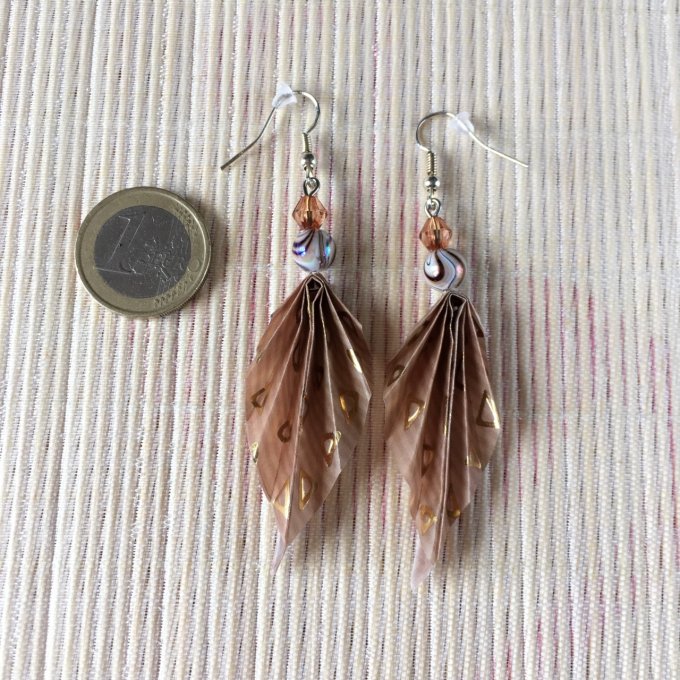 Boucles d'oreilles origami papier calque, marron et or