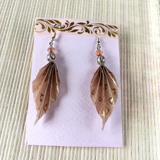 Boucles d'oreilles origami papier calque, marron et or