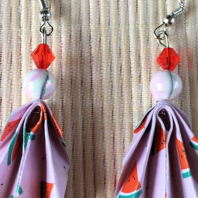 Boucles d'oreilles origami, rose avec pastèques