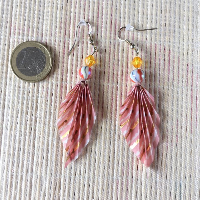 Boucles d'oreilles origami papier calque, rose & doré