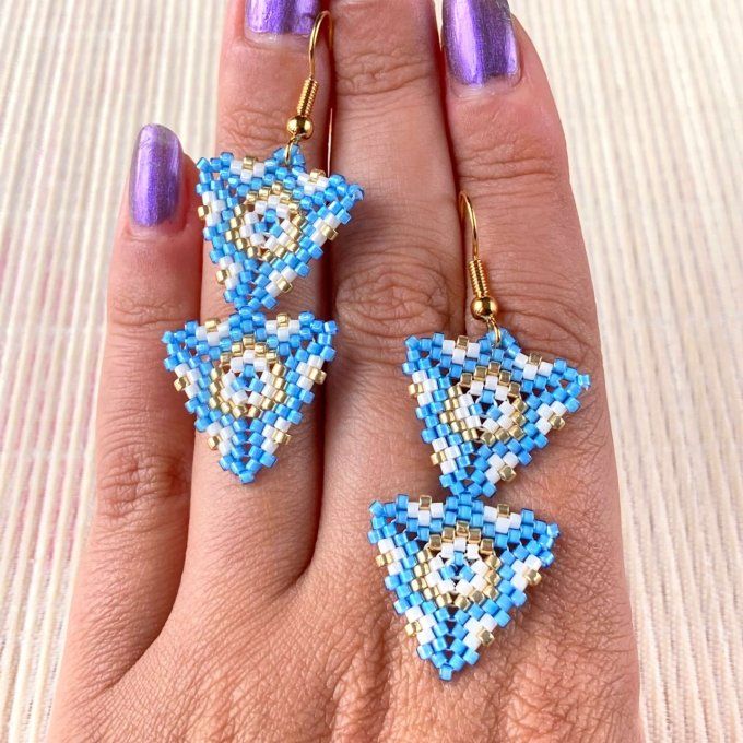 Boucles d’oreilles géométriques, double triangle en perles Miyuki bleu, beige, doré 