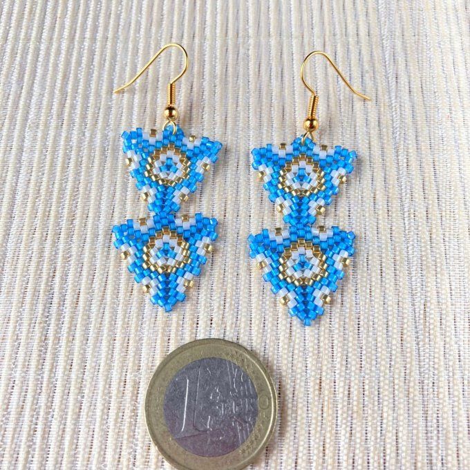 Boucles d’oreilles géométriques, double triangle en perles Miyuki bleu, beige, doré 