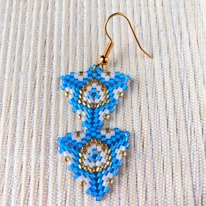 Boucles d’oreilles géométriques, double triangle en perles Miyuki bleu, beige, doré 