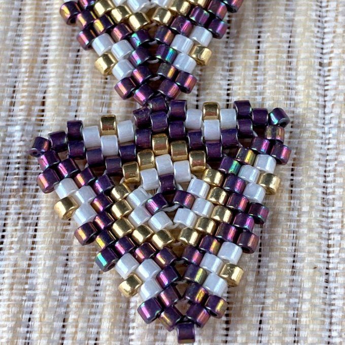Boucles d’oreilles géométriques, double triangle en perles Miyuki violine, beige & doré 