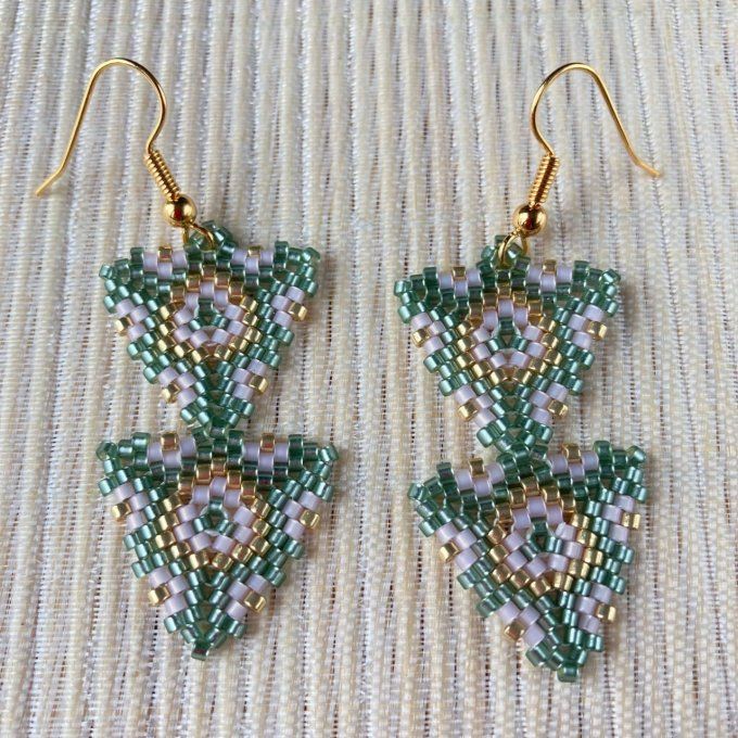Boucles d’oreilles géométriques, double triangle en perles Miyuki vert, rose, doré