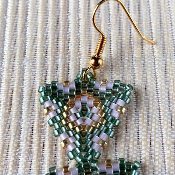 Boucles d’oreilles géométriques, double triangle en perles Miyuki vert, rose, doré