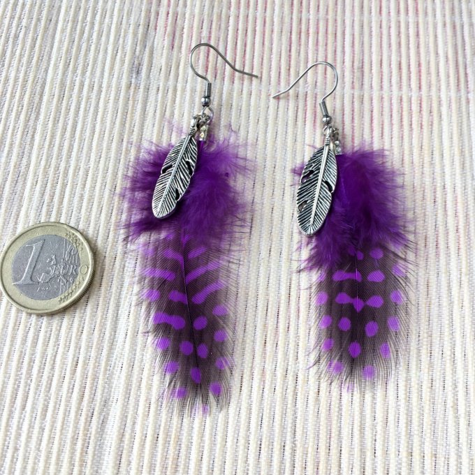 Boucles d'oreilles plumes, violet & noir