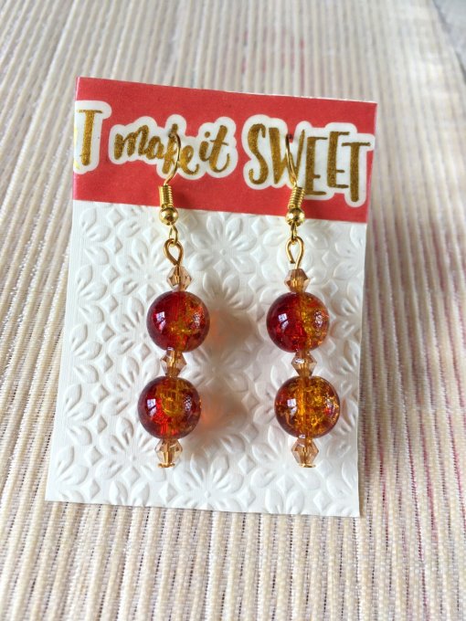 Boucles d'oreilles pendantes, à perles craquelées rouge et doré