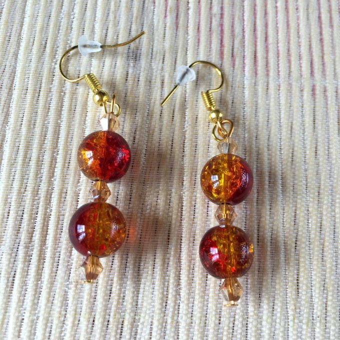 Boucles d'oreilles pendantes, à perles craquelées rouge et doré