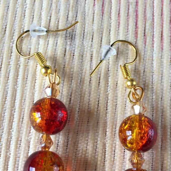 Boucles d'oreilles pendantes, à perles craquelées rouge et doré