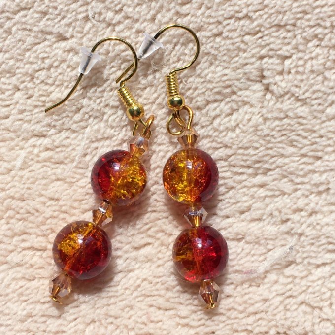 Boucles d'oreilles pendantes, à perles craquelées rouge et doré