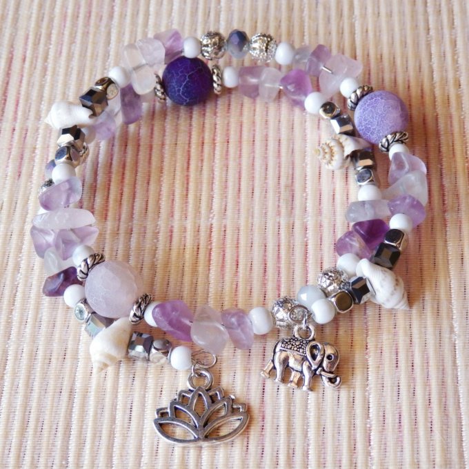 Bracelet Jonc en Fluorite Violette Rose, perles, coquillages