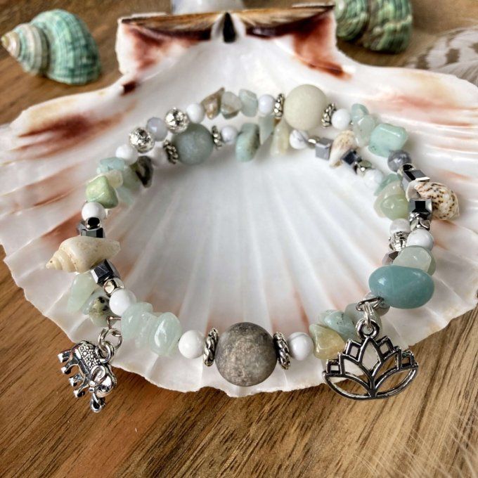 Bracelet Jonc en Amazonite, perles, coquillages, breloques lotus & éléphant