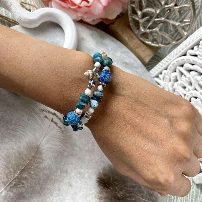 Bracelet Jonc en Apatite bleue, perles, coquillages, breloques lotus & éléphant 