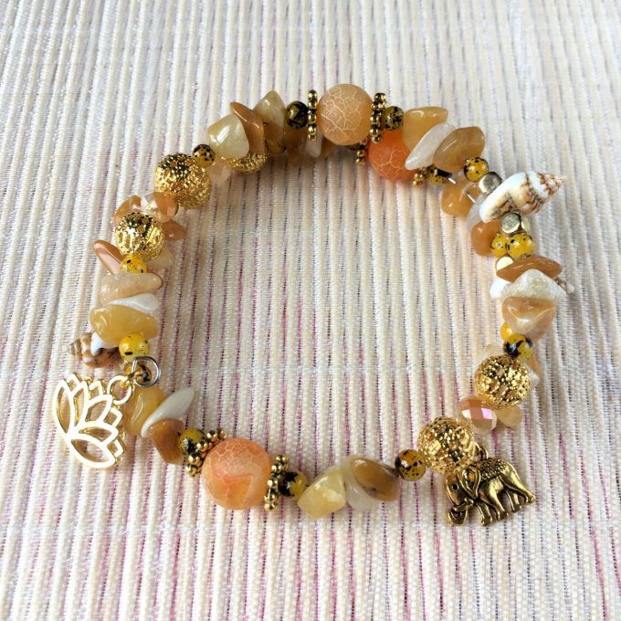 Bracelet Jonc en Aventurine Jaune, perles, coquillages, breloques lotus & éléphant