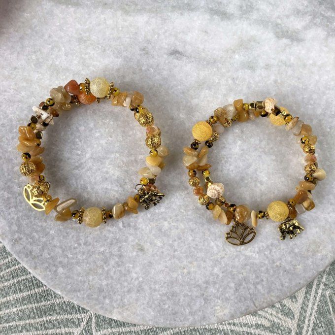Bracelet Jonc en Aventurine Jaune, perles, coquillages, breloques lotus & éléphant