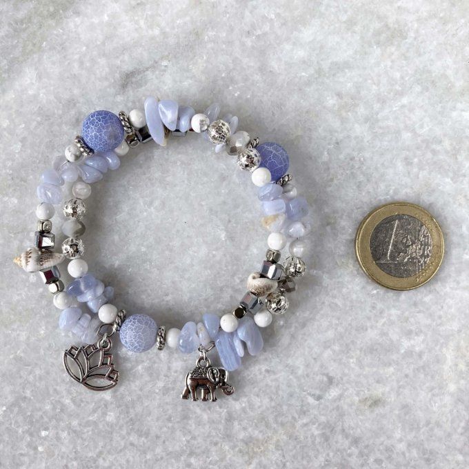 Bracelet Jonc en Calcédoine, perles, coquillages, breloques lotus & éléphant