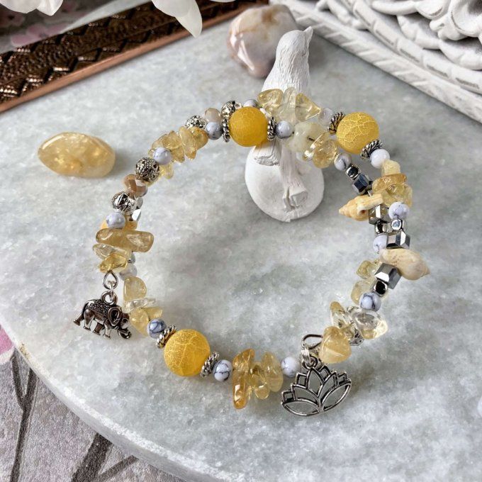 Bracelet Jonc en Citrine, perles, coquillages, breloques lotus & éléphant