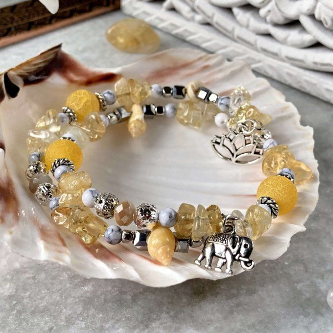 Bracelet Jonc en Citrine, perles, coquillages, breloques lotus & éléphant