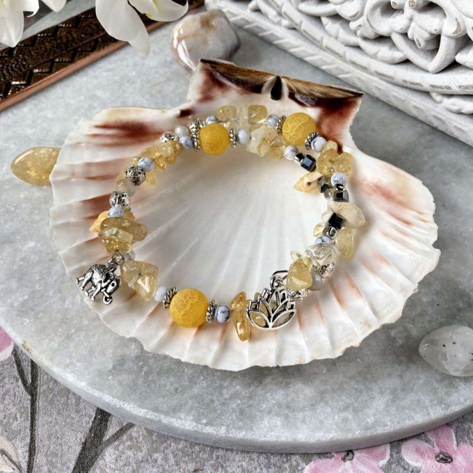 Bracelet Jonc en Citrine, perles, coquillages, breloques lotus & éléphant