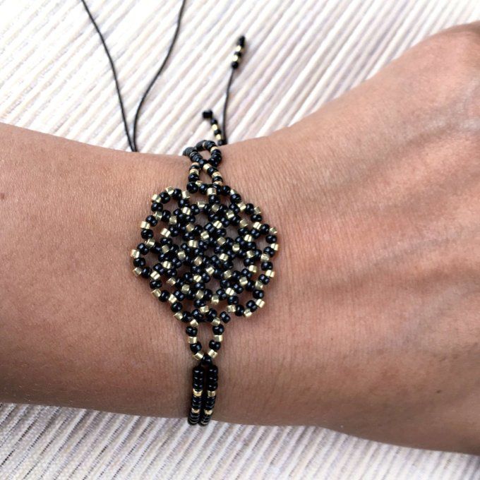 Bracelet Fleur en tissage de perles de rocailles et Delicas Miyuki, Noir & Doré