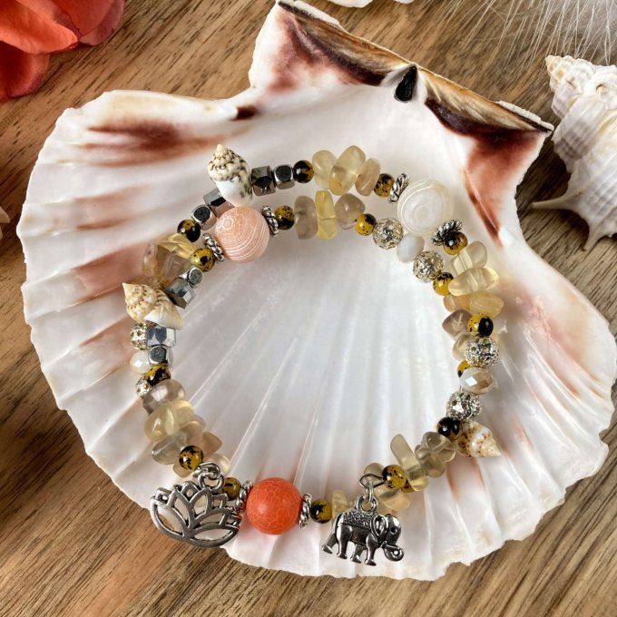 Bracelet Jonc en Fluorite Orange, perles, coquillages