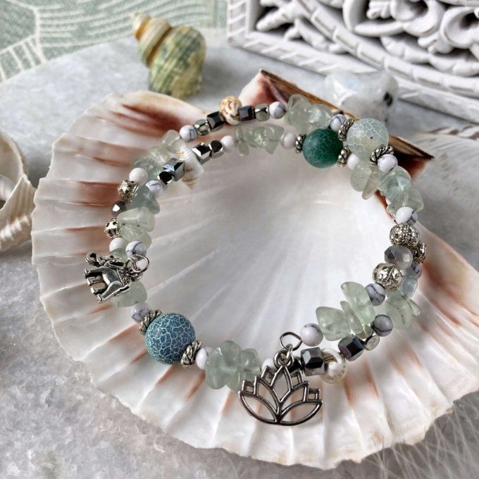 Bracelet Jonc en Fluorite Verte, perles, coquillages, breloques lotus & éléphant