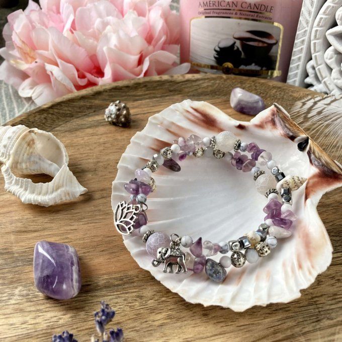 Bracelet Jonc en Fluorite Violette Rose, perles, coquillages