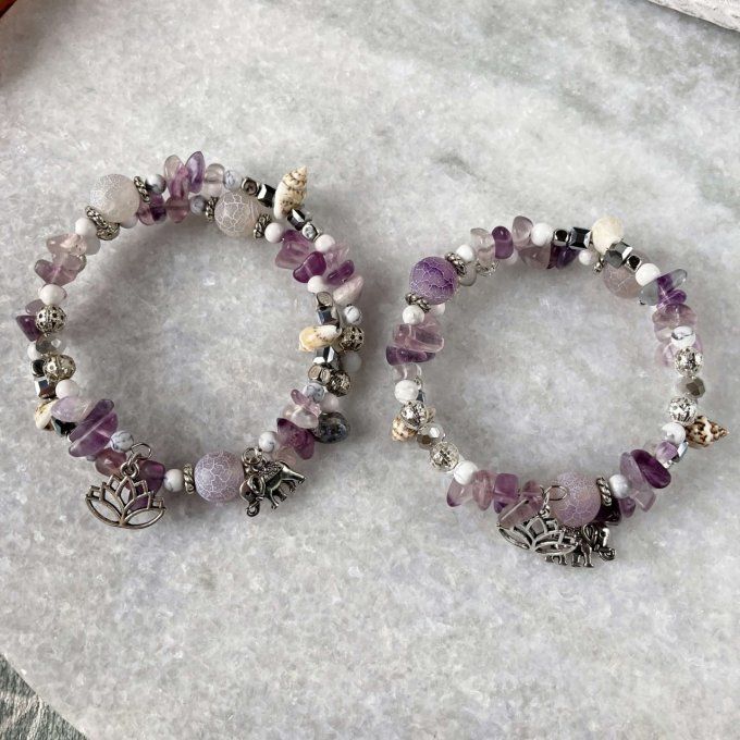 Bracelet Jonc en Fluorite Violette Rose, perles, coquillages