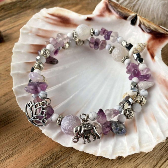 Bracelet Jonc en Fluorite Violette Rose, perles, coquillages