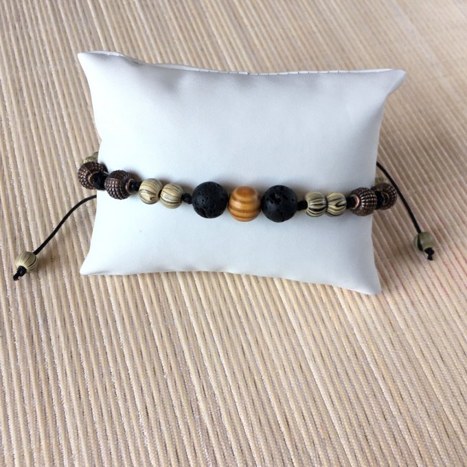 Bracelet macramé, perles bois, cuivre et lave, 19cm