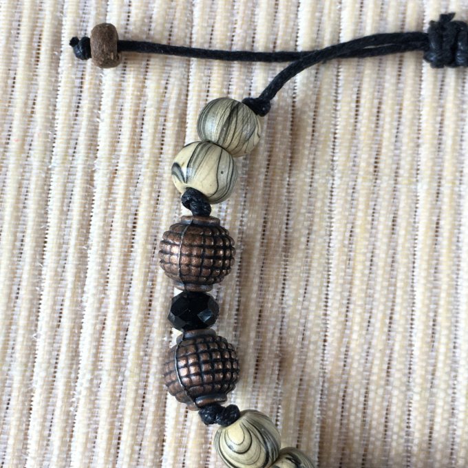 Bracelet macramé, perles bois, cuivre et lave, 14cm