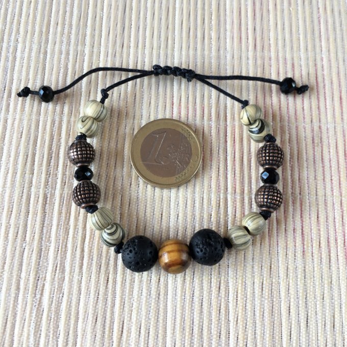 Bracelet macramé, perles bois, cuivre, verre et lave, 14cm