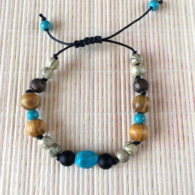 Bracelet macramé, perles bois, turquoise, cuivre, 16cm