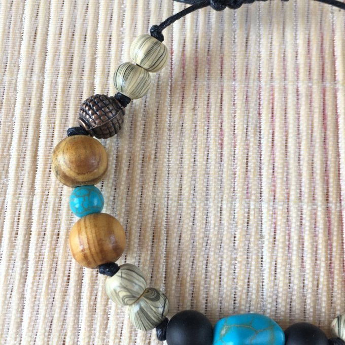 Bracelet macramé, perles bois, turquoise, cuivre, 16cm