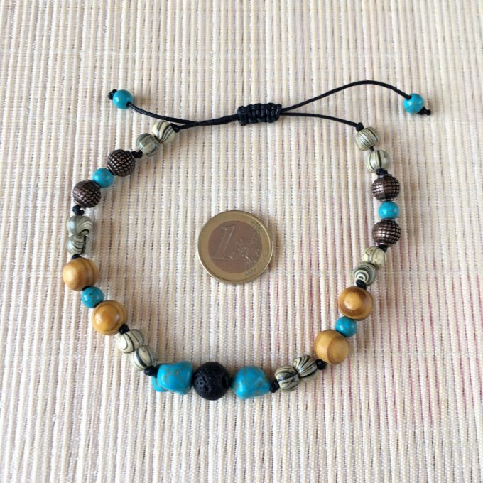 Bracelet macramé, perles bois, turquoise, cornaline, cuivre, 23cm