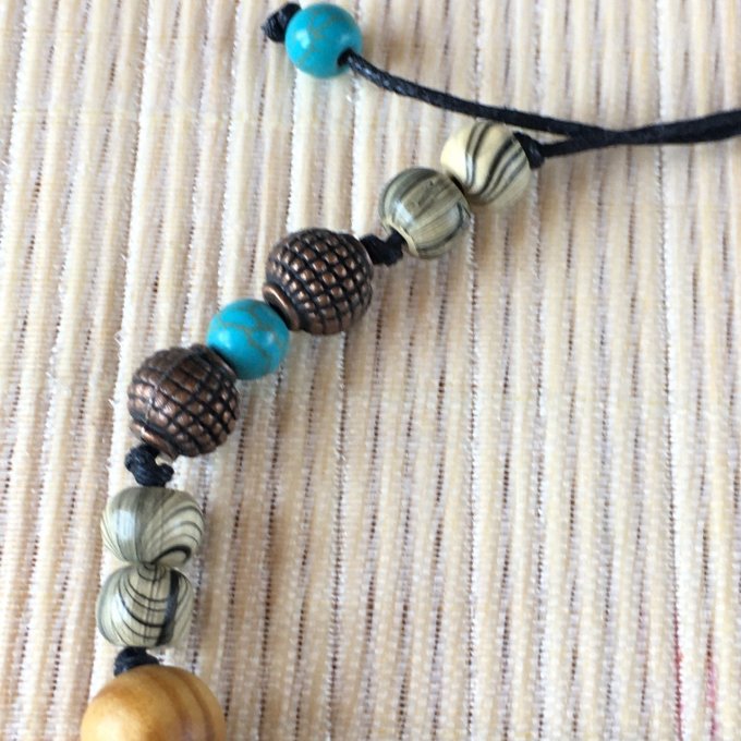 Bracelet macramé, perles bois, turquoise, cornaline, cuivre, 23cm