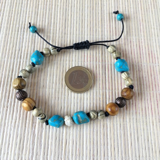 Bracelet macramé, perles bois, turquoise, cuivre, 20cm