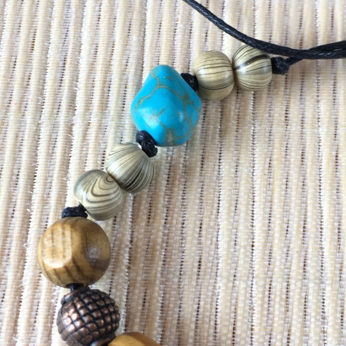 Bracelet macramé, perles bois, turquoise, cuivre, 20cm